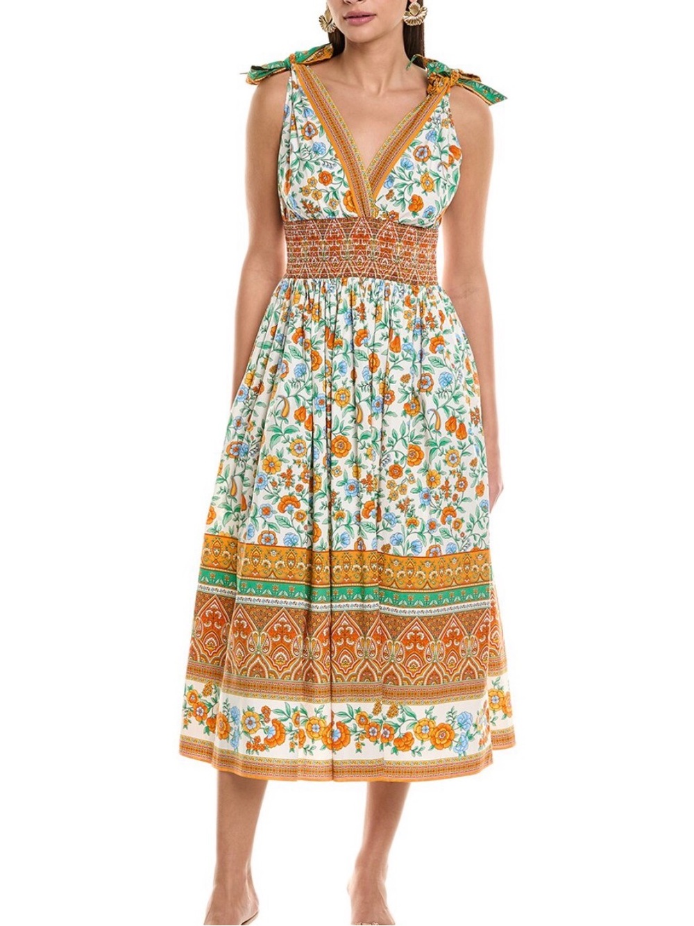 Shoshanna Bree Ivory Floral Midi Dress with Light Blue and Safron Accents